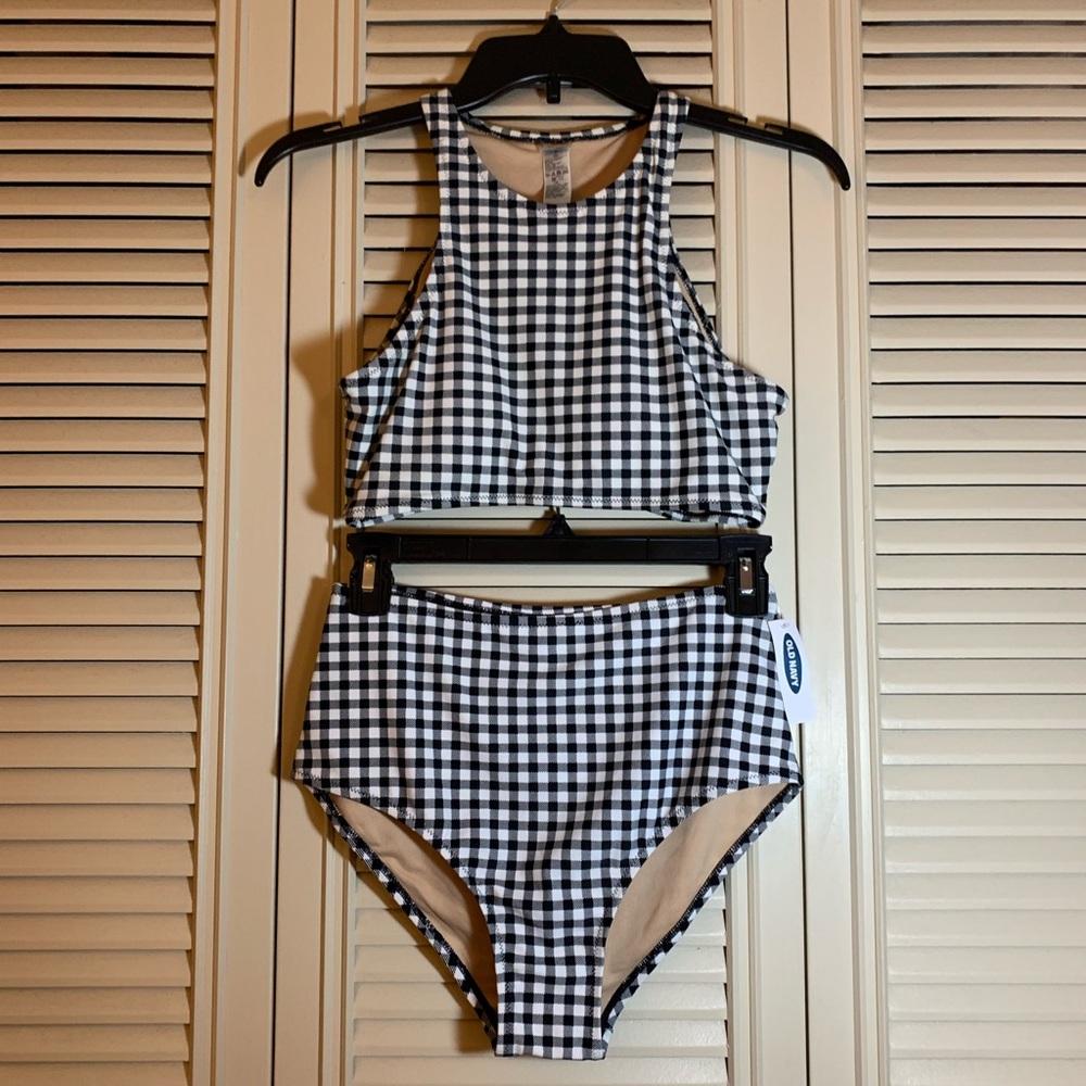 Old Navy black and white gingham high-waist swimsuit set